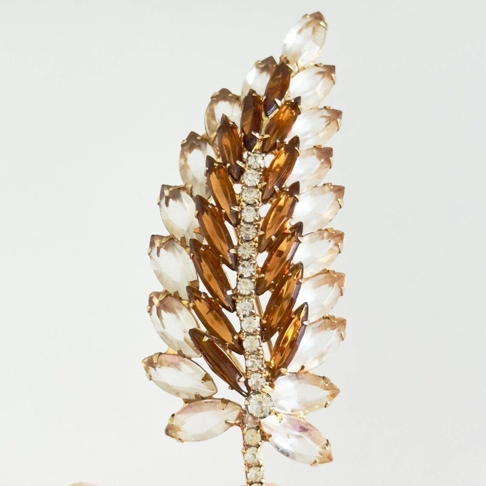 Vintage Clear & Orange Rhinestone Gold Tone High End Huge Leaf Brooch Pin 4"